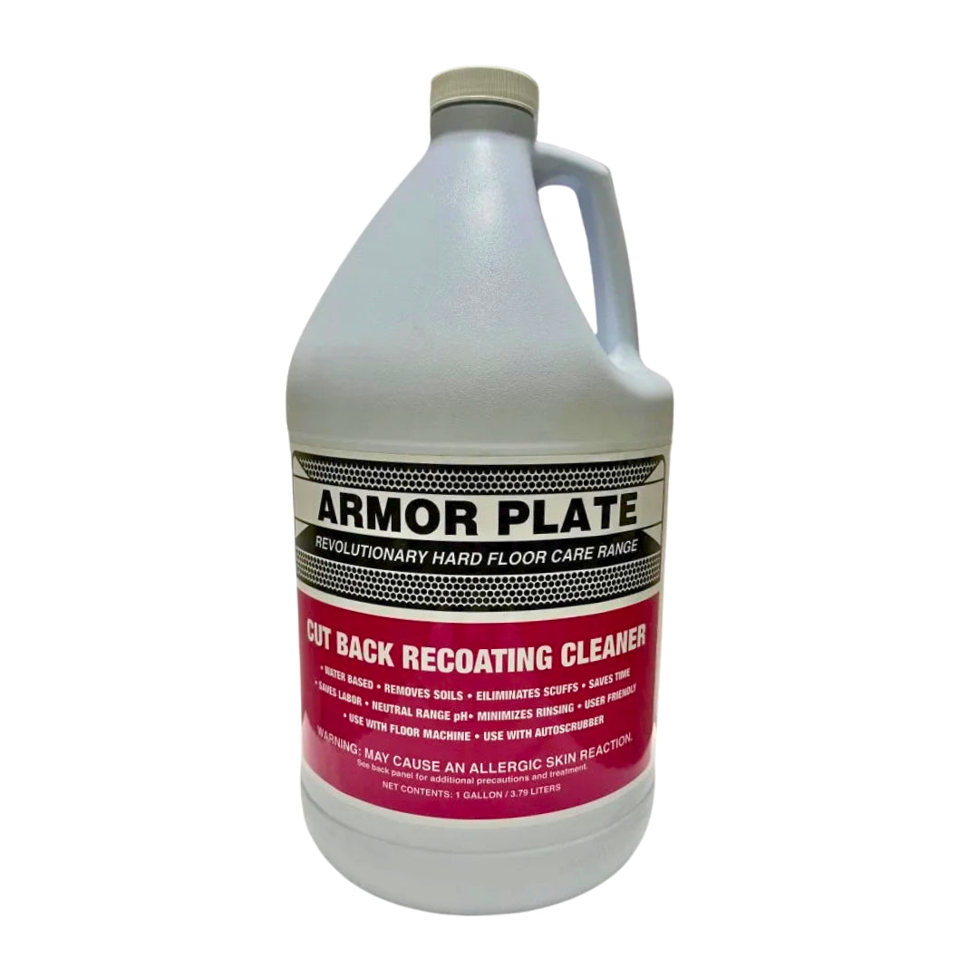 A one-gallon plastic jug of Armor Plate Cut Back Recoating Cleaner, featuring a white body, beige cap, and a red and black label, set against a plain white background.