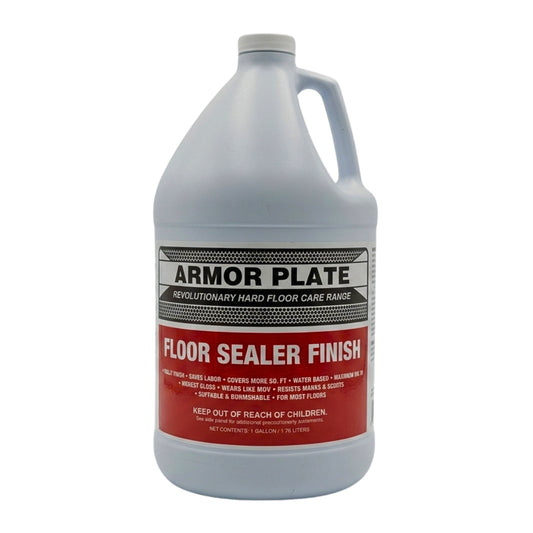A gallon jug of Armor Plate Floor Sealer Finish, featuring a white plastic container with a handle and a red and black label, set against a plain white background.