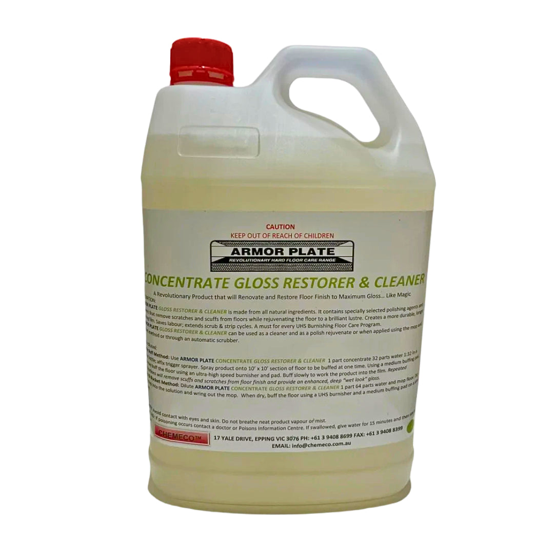 A one-gallon plastic jug of Armor Plate Concentrate Gloss Restorer & Cleaner with a red cap and a large white label, shown on a plain white background.