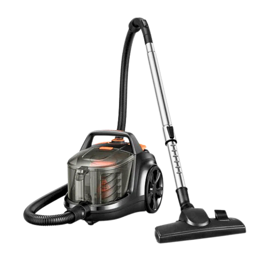 A cordless stick vacuum cleaner with a transparent dust bin, black body and hose, and a silver handle, shown on a plain white background.
