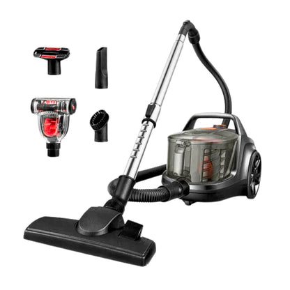 A cordless stick vacuum cleaner with a transparent dust bin, black and silver handle, and multiple attachment heads shown on a plain white background.