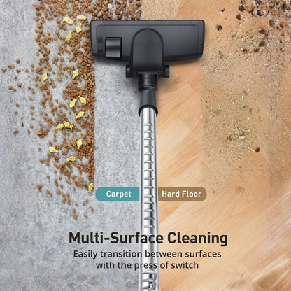 A cordless floor cleaner head with a long silver metal tube is shown demonstrating multi-surface cleaning, with a switch labeled for Carpet and Hard Floor. Brown pet food and dust are scattered on a gray carpet and a light wood floor.