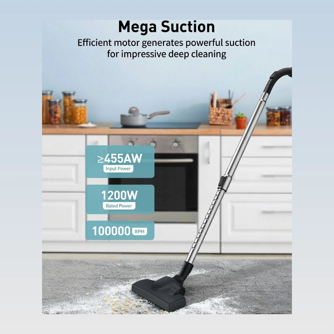 A cordless vacuum cleaner with a long silver handle and black floor head is shown cleaning a gray floor in a kitchen setting. Text overlays highlight its powerful suction, including 'Mega Suction', '≥455W Input Power', '1200W Rated Power', and '100000 pspi'.