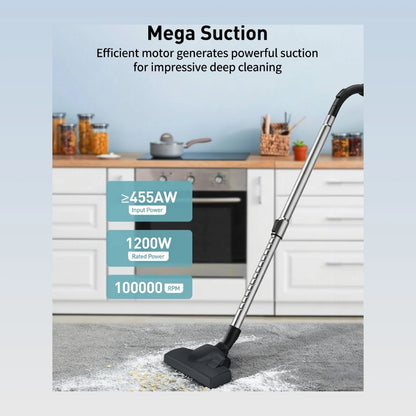 A cordless vacuum cleaner with a long silver handle and black floor head is shown cleaning a gray floor in a kitchen setting. Text overlays highlight its powerful suction, including 'Mega Suction', '≥455W Input Power', '1200W Rated Power', and '100000 pspi'.