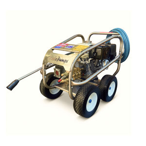 A portable pressure washer with a gold-colored metal body, a silver tubular frame, black wheels with white rims, a blue coiled hose, and a black engine, shown on a white background.