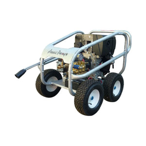 A high-pressure water washer with a silver tubular frame, black tires, and a visible engine, featuring the brand name 'Classic Pump' on the side panel, isolated on a white background.