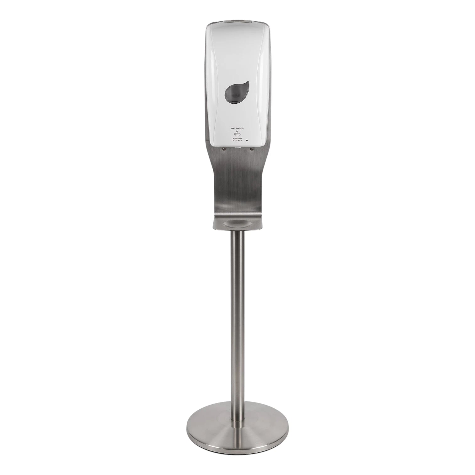 A modern countertop hand sanitizer dispenser with a brushed stainless steel base and a white top housing a dark leaf-shaped cutout, shown on a plain white background.