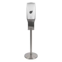 A modern countertop hand sanitizer dispenser with a brushed stainless steel base and a white top housing a dark leaf-shaped cutout, shown on a plain white background.