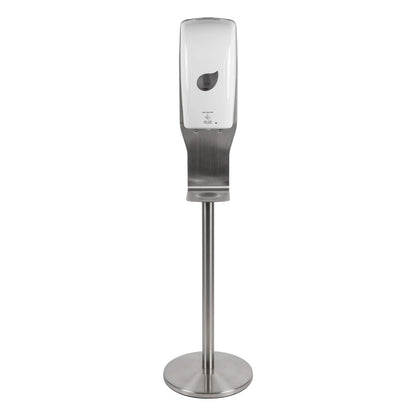 A modern countertop hand sanitizer dispenser with a brushed stainless steel base and a white top housing a dark leaf-shaped cutout, shown on a plain white background.