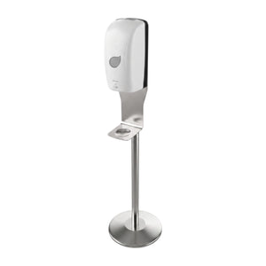 A modern wall-mounted automatic hand sanitizer dispenser with a white plastic top section and a brushed stainless steel stand with a circular base, shown against a plain white background.