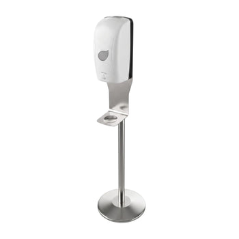 A modern wall-mounted automatic hand sanitizer dispenser with a white plastic top section and a brushed stainless steel stand with a circular base, shown against a plain white background.