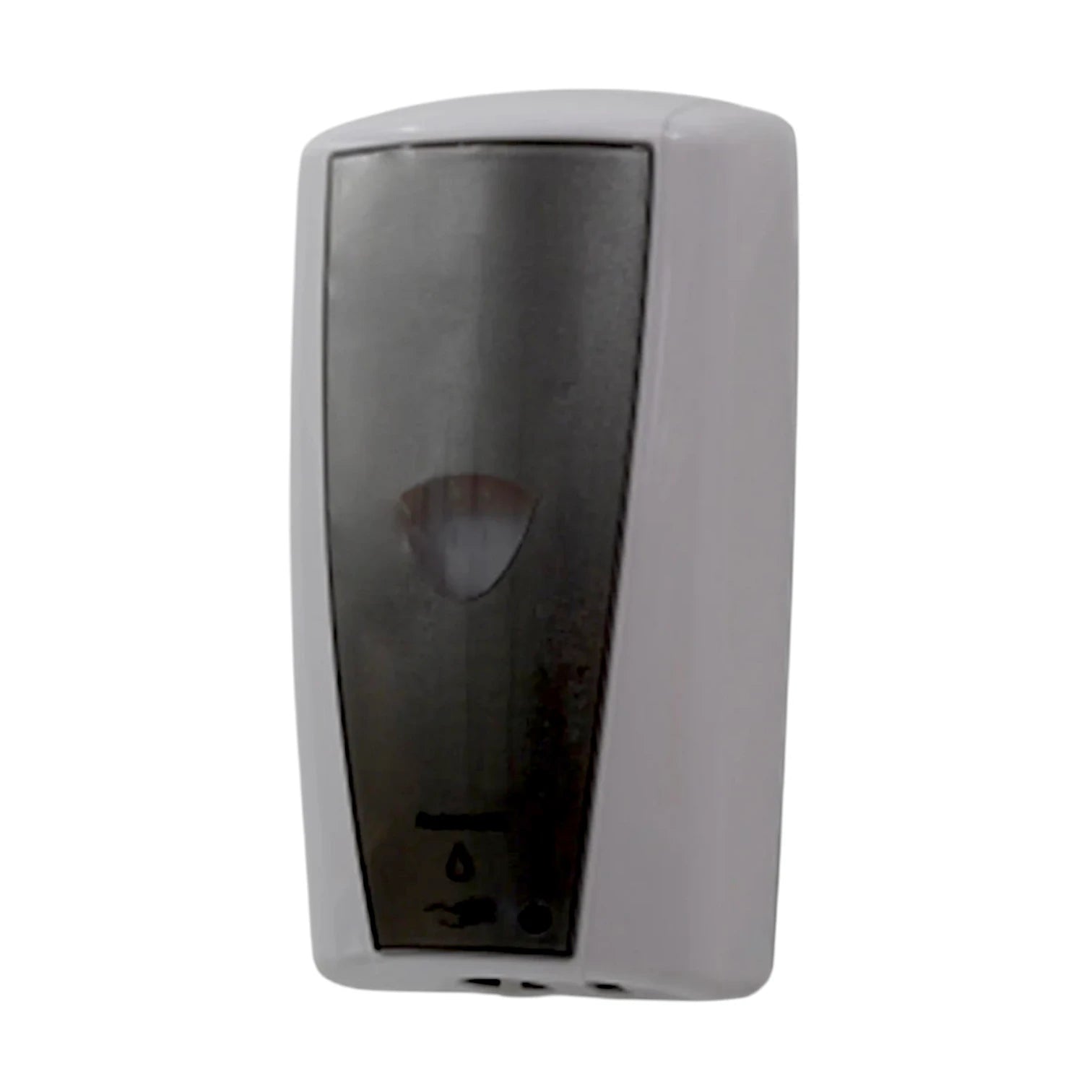 A wall-mounted automatic soap dispenser with a white outer casing and a brushed stainless steel front panel, shown against a plain white background.