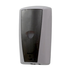 A wall-mounted automatic soap dispenser with a white outer casing and a brushed stainless steel front panel, shown against a plain white background.