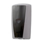 A wall-mounted automatic soap dispenser with a white outer casing and a brushed stainless steel front panel, shown against a plain white background.