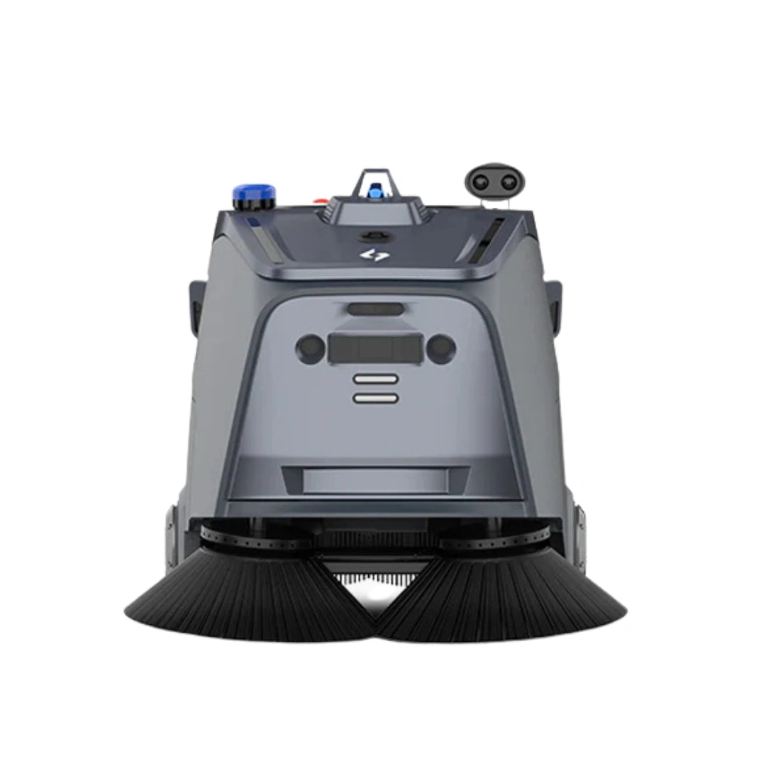 A compact autonomous robot vacuum cleaner shown from the front, featuring a dark gray body, two large black rotating brush bristles at the bottom, and small blue and black sensor or control components on top, isolated on a white background.