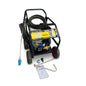 Black Jet 4000 PSI Honda-powered pressure washer with a black metal cart, coiled hose, yellow control panel, and accessories including a blue spray wand, hose connector, and cleaning brush on a white background.
