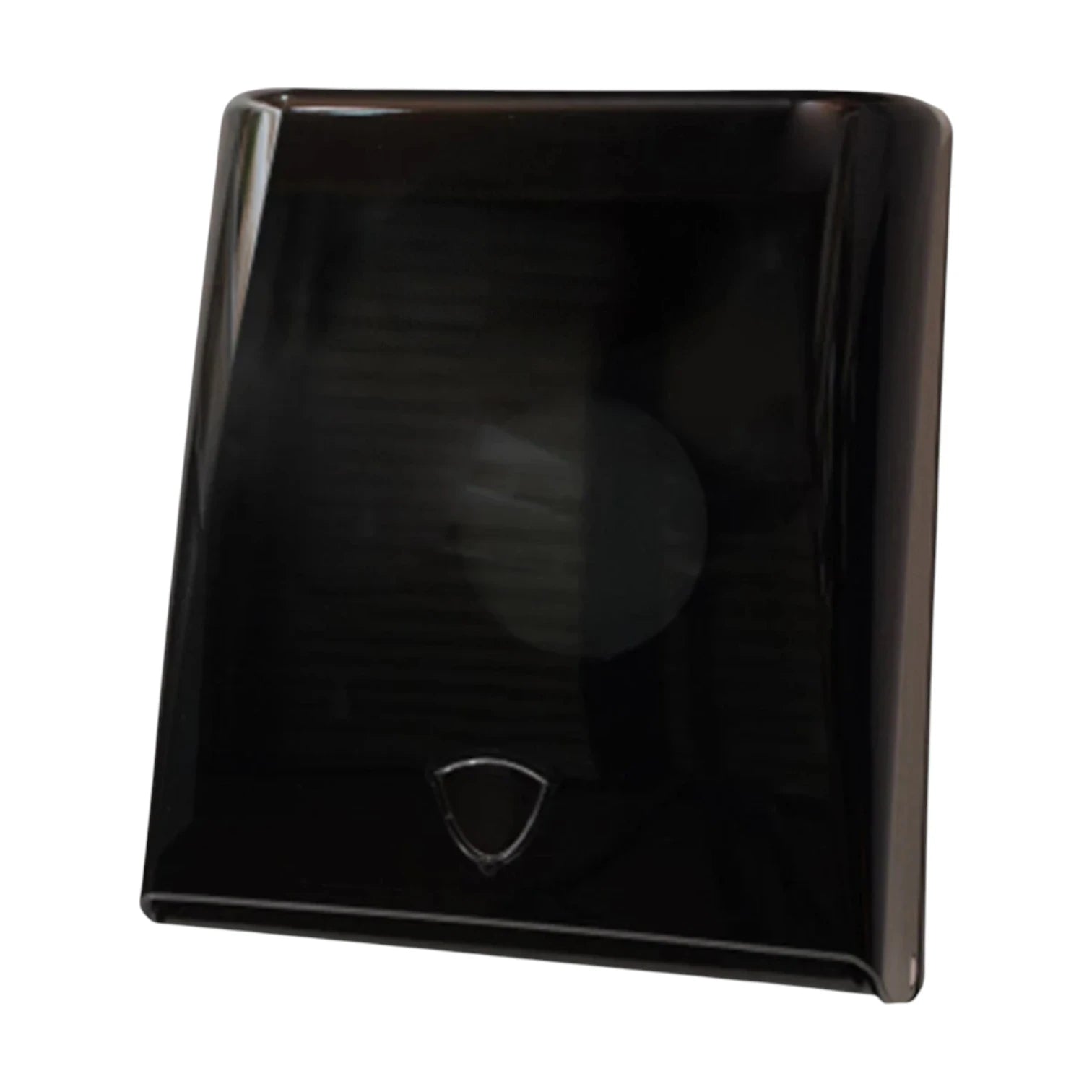 A glossy black square plastic cover or shield with rounded corners and a small shield-shaped cutout near the bottom center, shown on a plain white background.