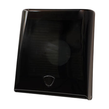 A glossy black square plastic cover or shield with rounded corners and a small shield-shaped cutout near the bottom center, shown on a plain white background.