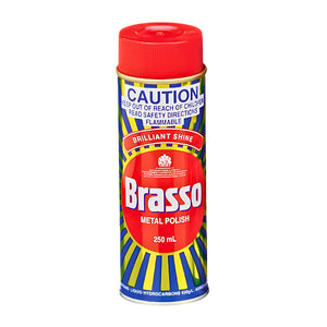 A can of Brasso Metal Polish spray with a bright red cap and a colorful label featuring red, yellow, and blue graphics, on a plain white background.