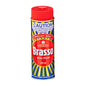 A can of Brasso Metal Polish spray with a bright red cap and a colorful label featuring red, yellow, and blue graphics, on a plain white background.