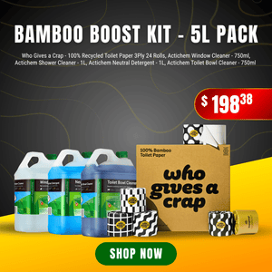 Promo for a "Bamboo Boost Kit - 5L Pack" featuring bamboo toilet paper, cleaning supplies, and a $198.38 price tag.