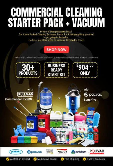 Commercial cleaning starter pack and vacuum with various cleaning products on a black background