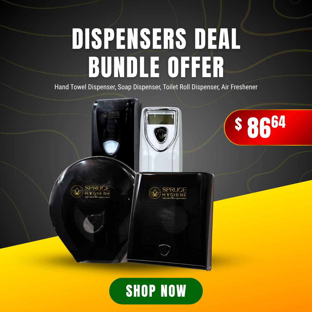 Dispensers Deal Bundle Offer featuring Spruce Hygiene hand towel, soap, toilet roll, and air freshener dispensers.