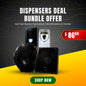 Promotional graphic for a dispenser bundle offer showing four countertop dispensers: a black hand towel dispenser, a black toilet roll dispenser, a black air freshener dispenser, and a silver-and-black soap dispenser. Large text reads 'DISPENSERS DEAL BUNDLE OFFER' with a red price badge '$86.
