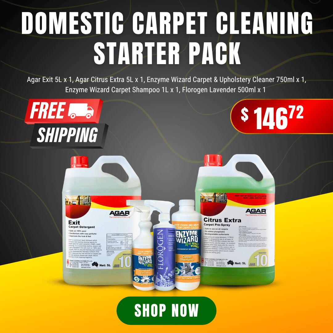 Domestic Carpet Cleaning Starter Pack featuring Agar and Enzyme Wizard solutions with free shipping for deep carpet care.
