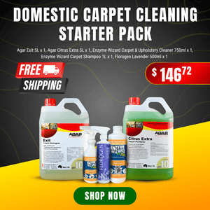 Domestic Carpet Cleaning Starter Pack featuring Agar and Enzyme Wizard solutions with free shipping for deep carpet care.