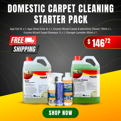 Domestic Carpet Cleaning Starter Pack featuring Agar and Enzyme Wizard solutions with free shipping for deep carpet care.