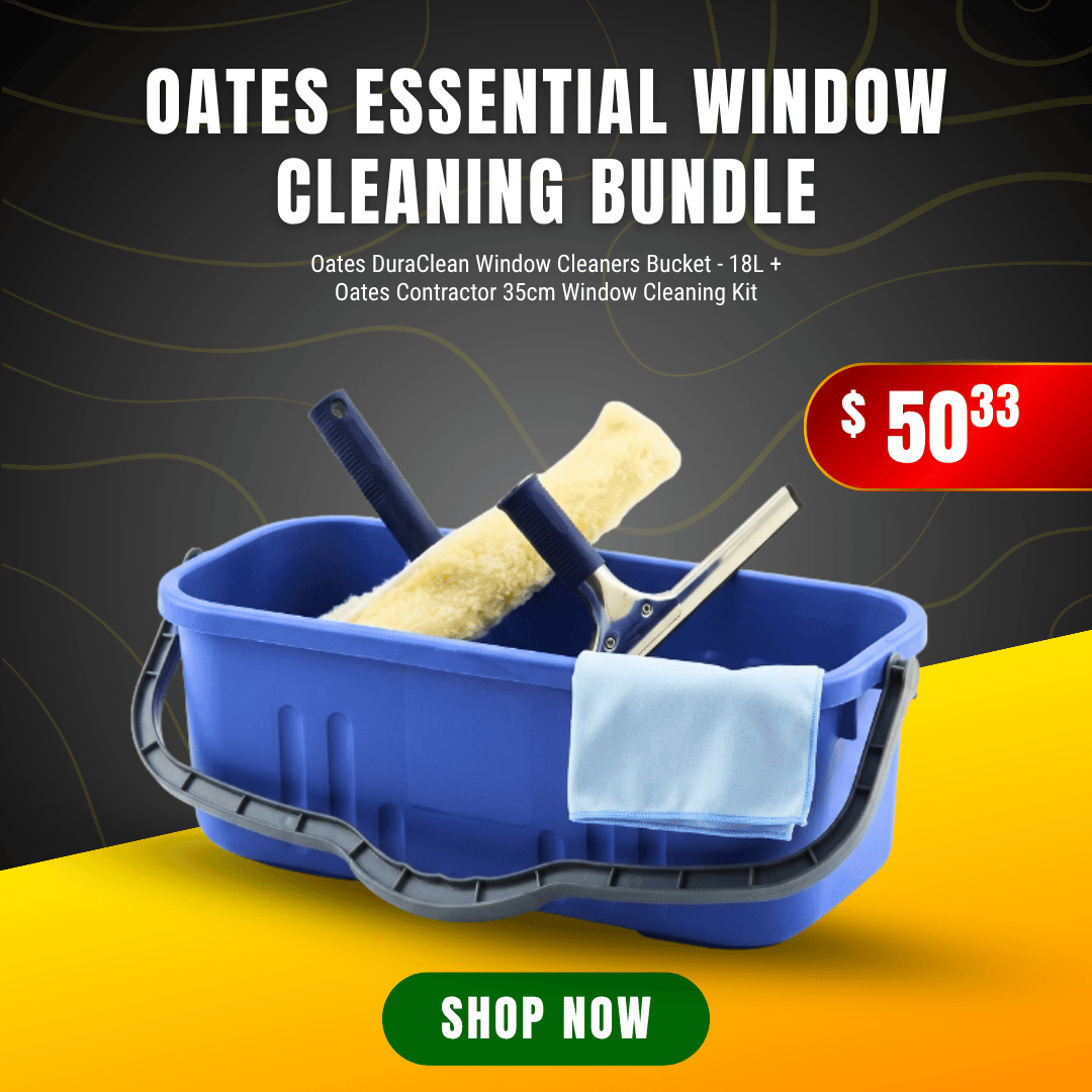 Oates Essential Window Cleaning Bundle featuring an 18L bucket and 35cm contractor cleaning kit for professional use.