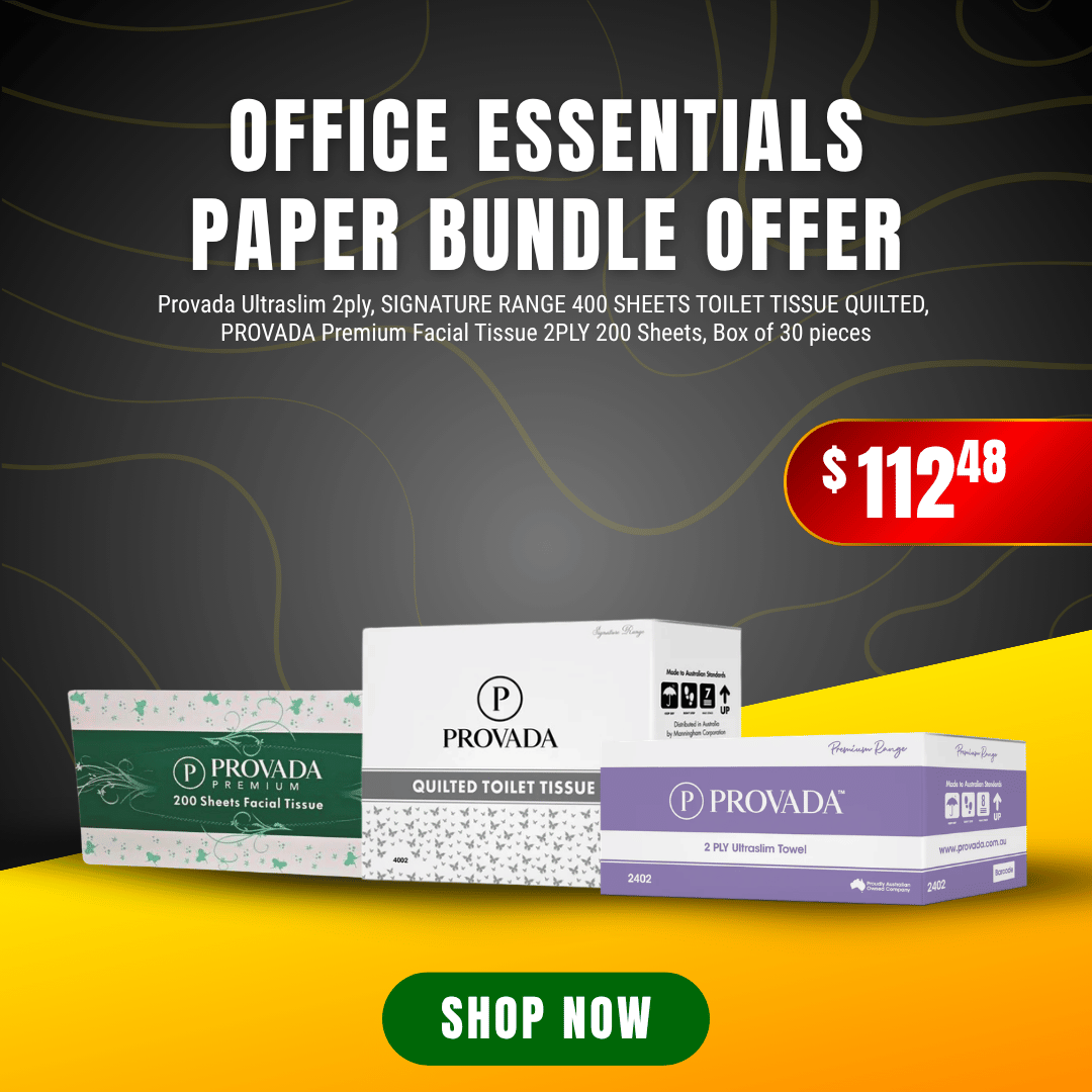 Office Essentials Paper Bundle Offer featuring Provada toilet tissue and premium facial tissues at a bulk price.