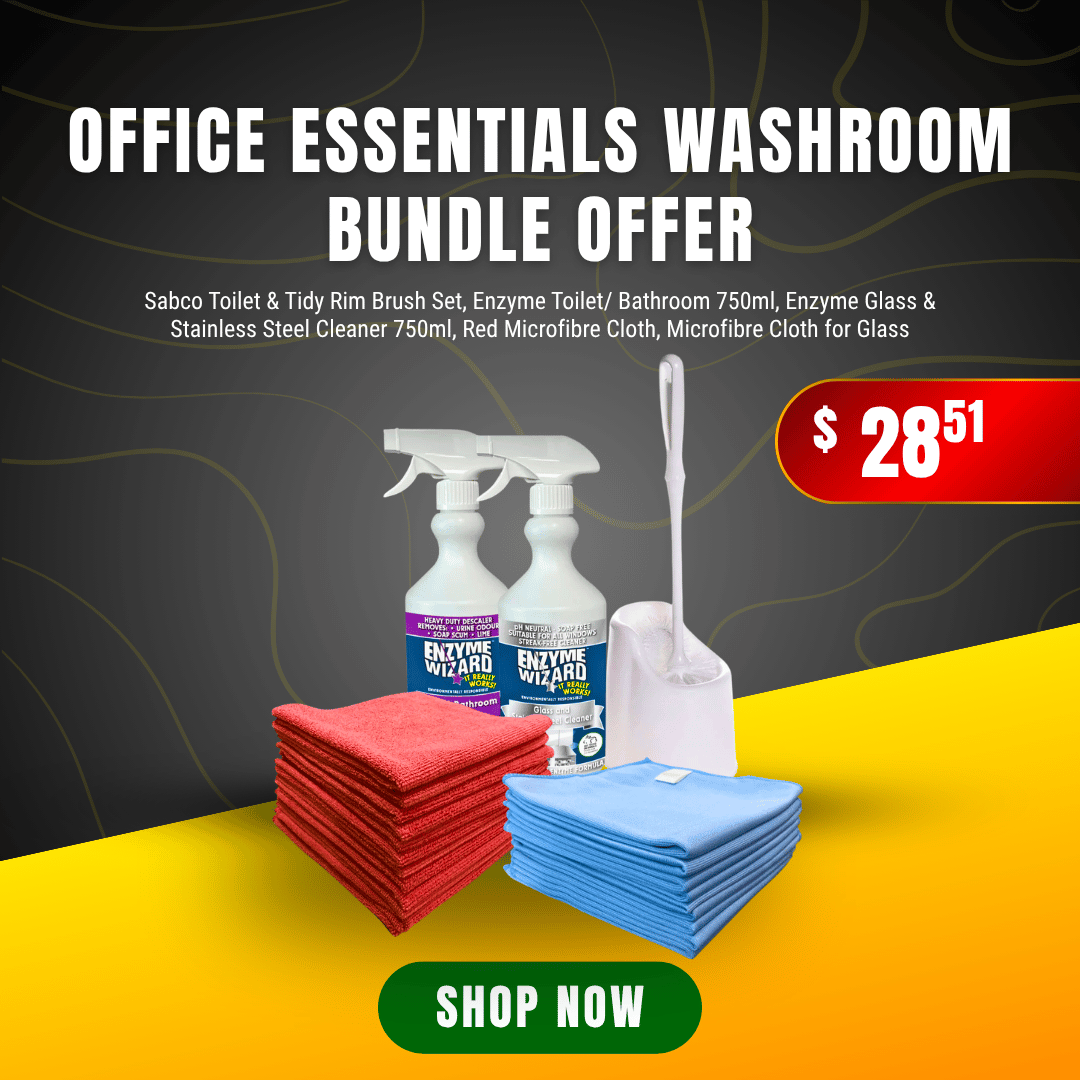 Office Essentials Washroom Bundle Offer with Sabco brush set, Enzyme Wizard cleaners, and microfiber cloths.
