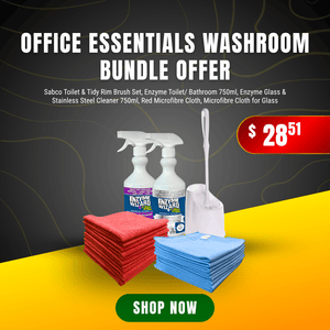 Office Essentials Washroom Bundle Offer with Sabco brush set, Enzyme Wizard cleaners, and microfiber cloths.