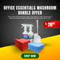 Office Essentials Washroom Bundle Offer with Sabco brush set, Enzyme Wizard cleaners, and microfiber cloths.