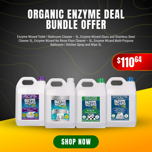 Organic Enzyme Deal Bundle Offer featuring four 5L Enzyme Wizard cleaners for bathroom, glass, floors, and multi-purpose use.