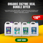 Organic Enzyme Deal Bundle Offer featuring four 5L Enzyme Wizard cleaners for bathroom, glass, floors, and multi-purpose use.