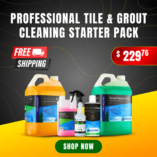 Professional Tile & Grout Cleaning Starter Pack with heavy-duty Actichem solutions, spray bottles, and free shipping.