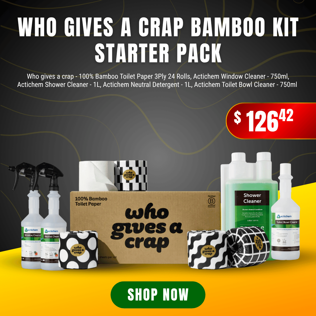 Who Gives A Crap Bamboo Kit Starter Pack featuring 100% bamboo toilet paper rolls and Actichem cleaning products.