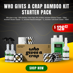 Who Gives A Crap Bamboo Kit Starter Pack featuring 100% bamboo toilet paper rolls and Actichem cleaning products.