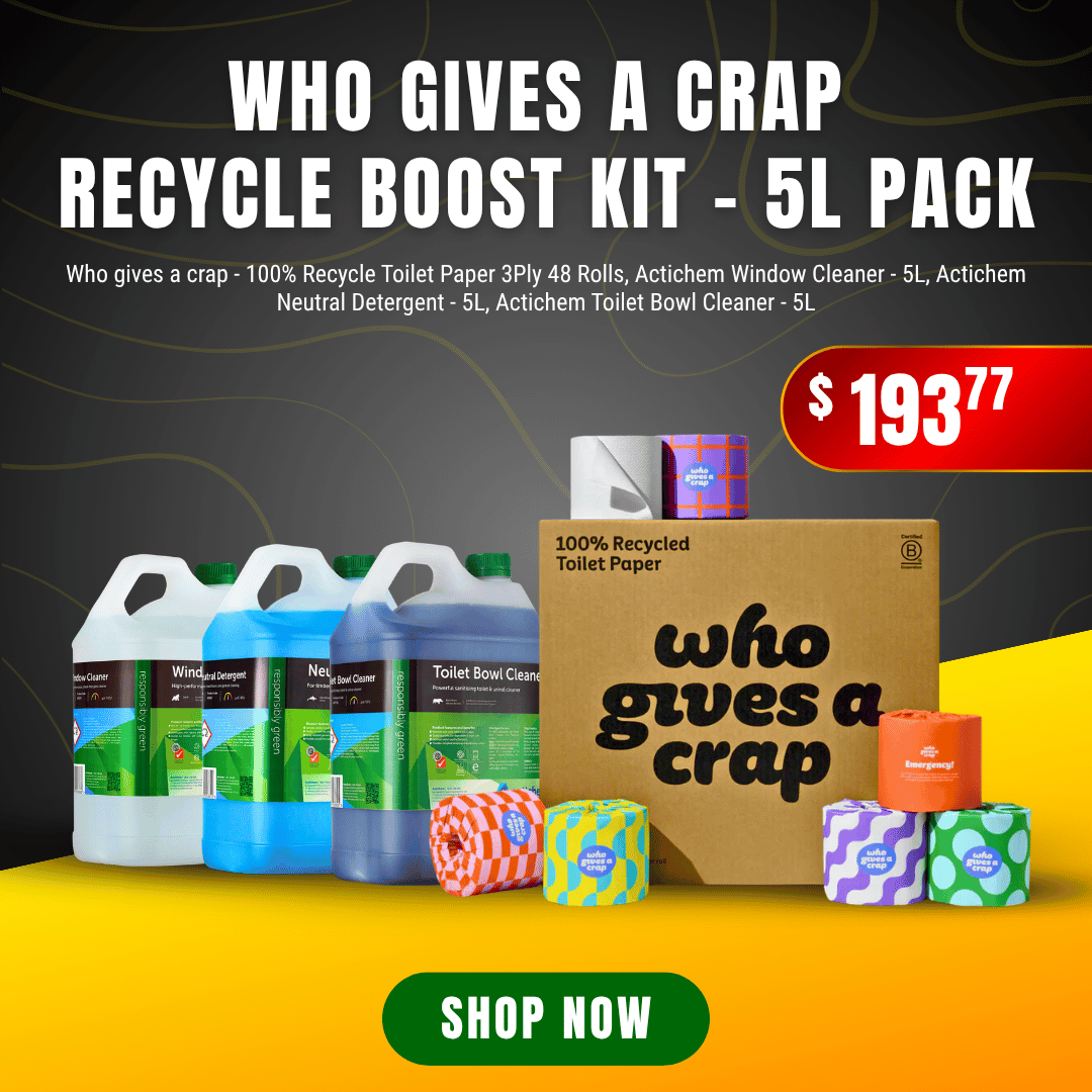 Promo for a "Who Gives A Crap" Recycle Boost Kit with toilet paper, detergents, and a $193.77 price tag