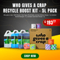 Promo for a "Who Gives A Crap" Recycle Boost Kit with toilet paper, detergents, and a $193.77 price tag