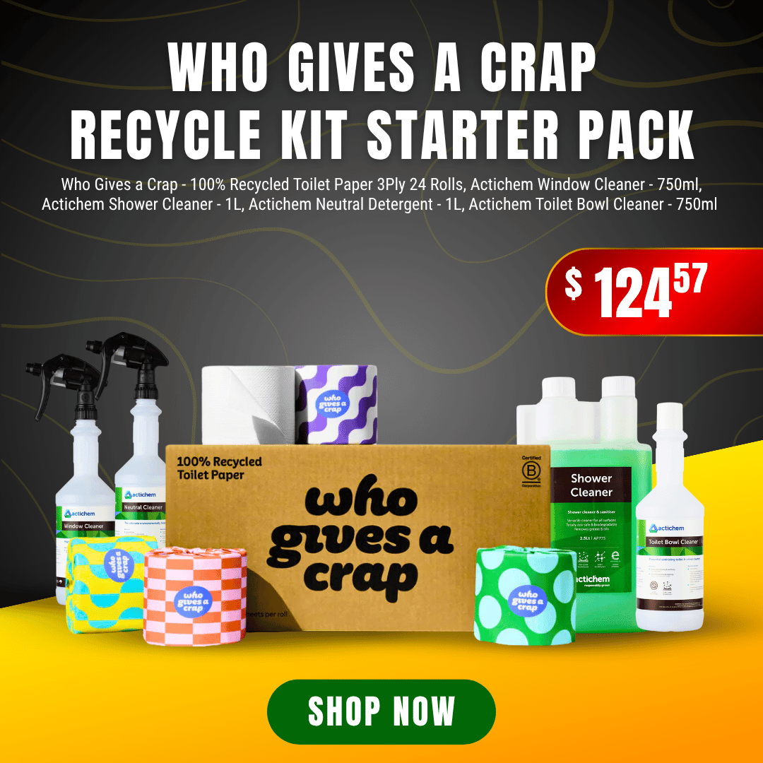 Promo for a "Who Gives A Crap" Recycle Kit Starter Pack featuring toilet paper, cleaning sprays, and a $124.57 price tag.
