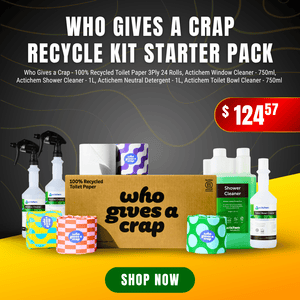 Promo for a "Who Gives A Crap" Recycle Kit Starter Pack featuring toilet paper, cleaning sprays, and a $124.57 price tag.