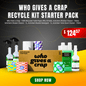 Promo for a "Who Gives A Crap" Recycle Kit Starter Pack featuring toilet paper, cleaning sprays, and a $124.57 price tag.