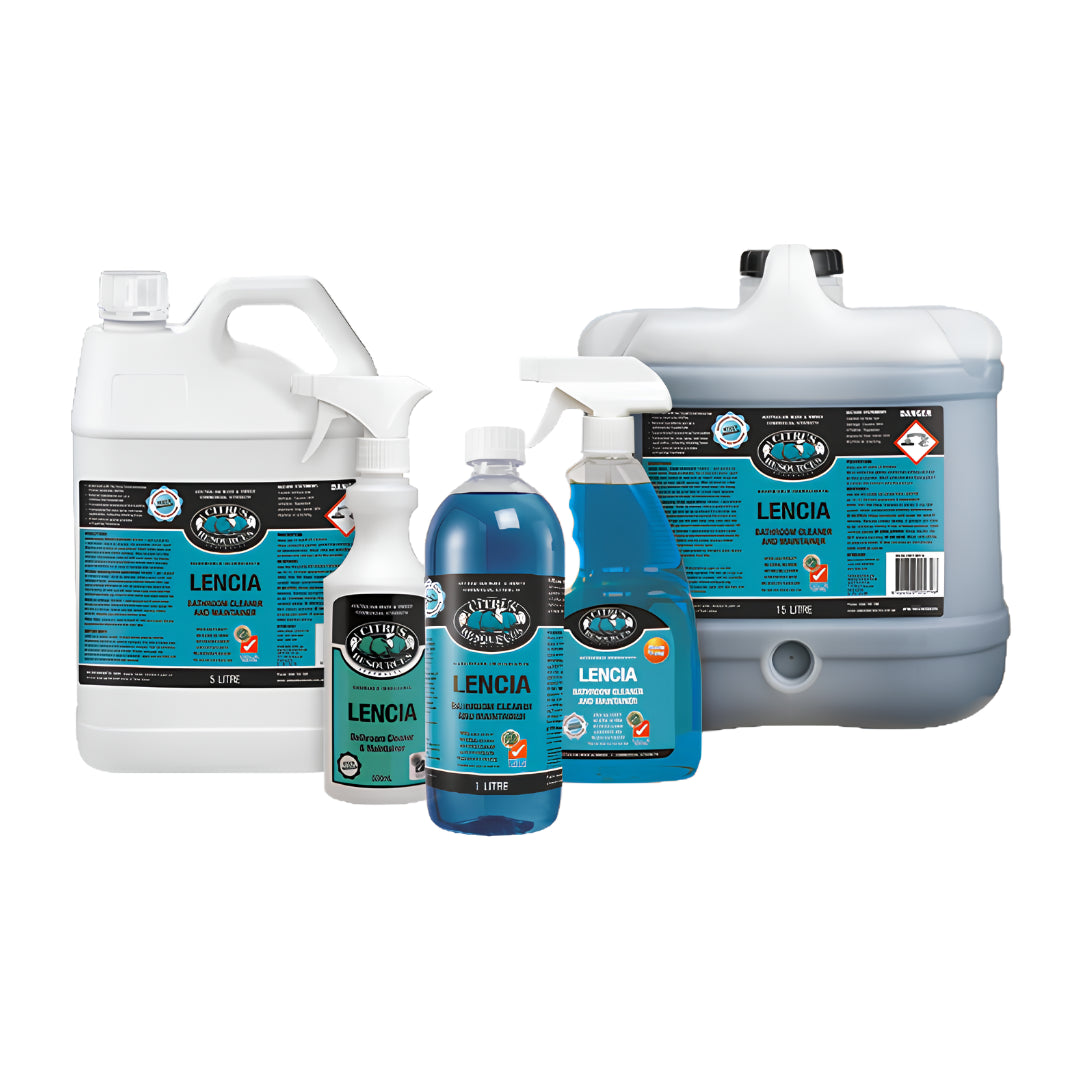 A set of Aquascape Lencia water treatment products including a 50-liter white plastic tank, a 10-liter white plastic tank, a 3-liter white spray bottle, and a 1-liter white spray bottle, all with blue and black labels on a white background.