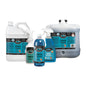 A set of Aquascape Lencia water treatment products including a 50-liter white plastic tank, a 10-liter white plastic tank, a 3-liter white spray bottle, and a 1-liter white spray bottle, all with blue and black labels on a white background.