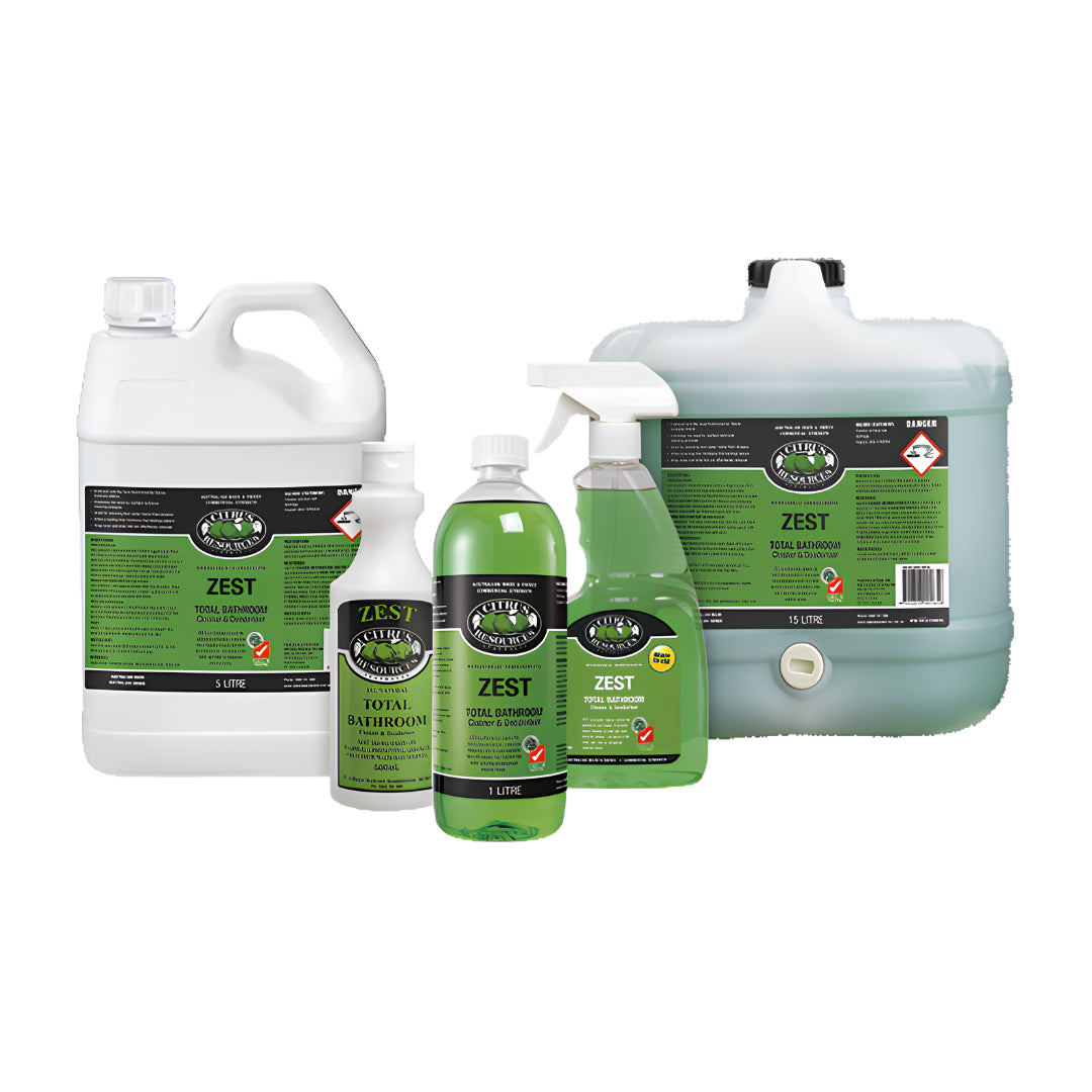 A group of Althea Zest weed killer products including a large white plastic jug, a smaller white bottle, a green spray bottle, and a large translucent green container with a spout, all featuring green and black labels on a white background.