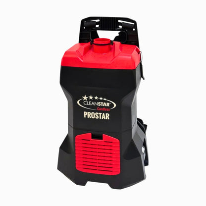 Cleanstar Prostar dust collector in black and red, featuring a top handle, front vent grille, and the Cleanstar Prostar logo on a white background.